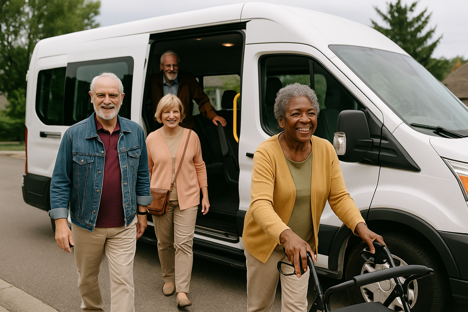 Smiling older adults beside a white passenger van, including a woman using a walker